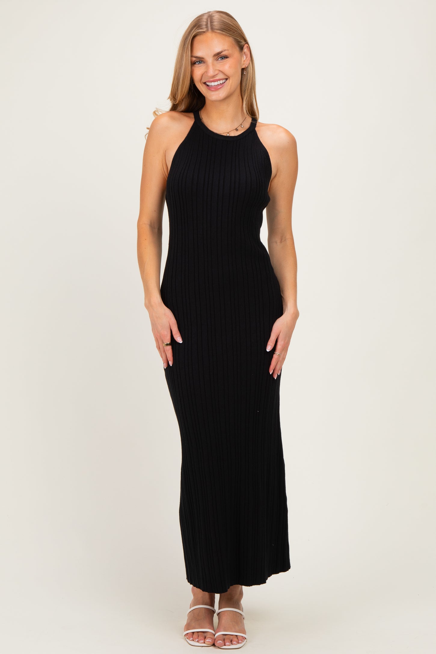 Black Halter Ribbed Knit Maternity Maxi Dress