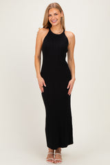 Black Halter Ribbed Knit Maternity Maxi Dress