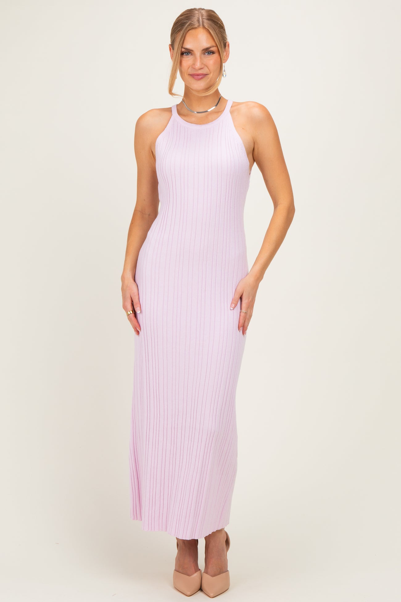 Light Pink Halter Ribbed Knit Maternity Maxi Dress