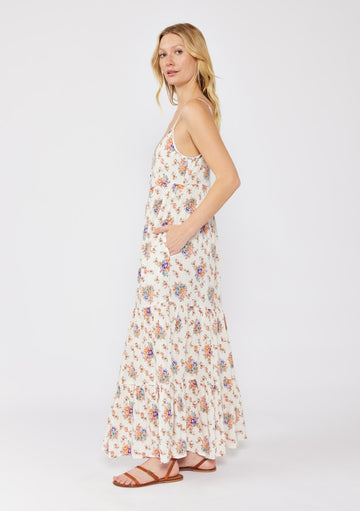 Natural Floral Tiered Button Up Maxi Dress