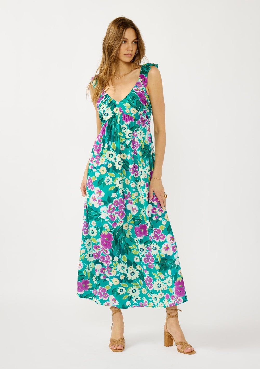 Teal Floral V-Neck Ruffle Strap Maxi Dress