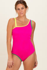Hot Pink Multicolor Trim One Shoulder One Piece Maternity Swimsuit