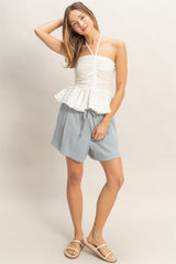 Light Blue Drawstring Pleated Maternity Shorts