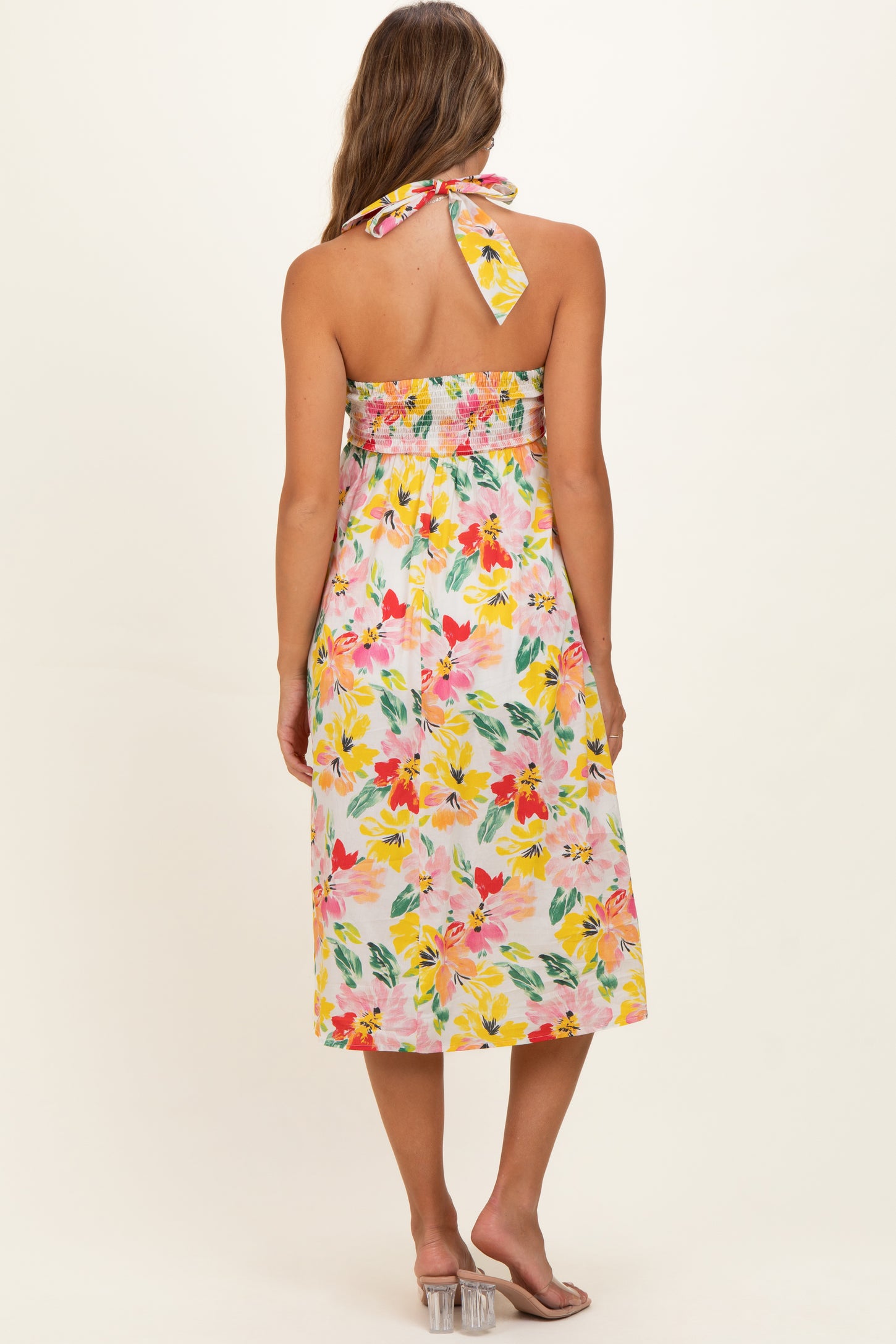 Ivory Floral Keyhole Halter Maternity Midi Dress