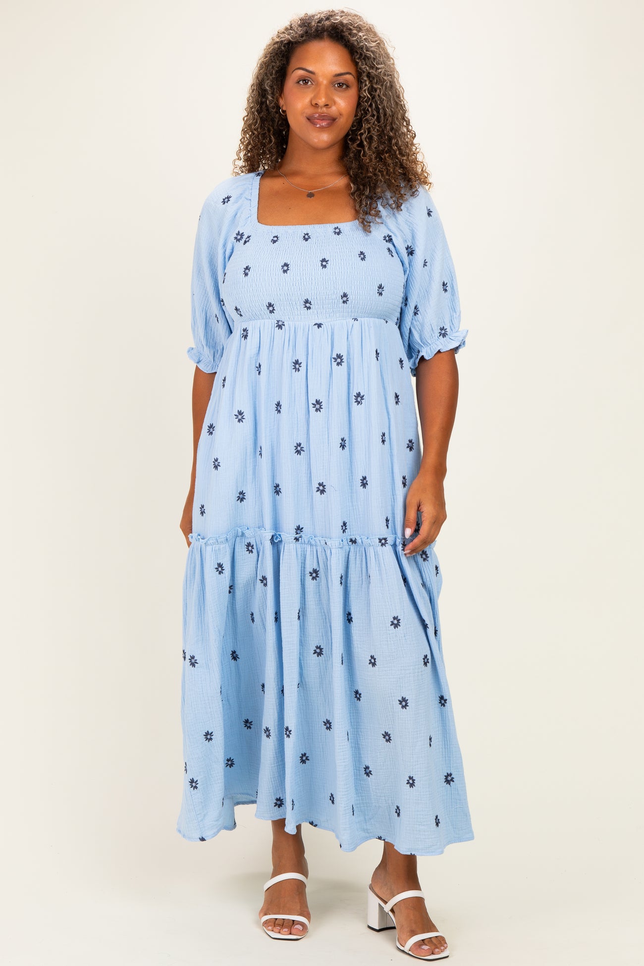 Light Blue Floral Smocked Puff Sleeve Plus Maxi Dress