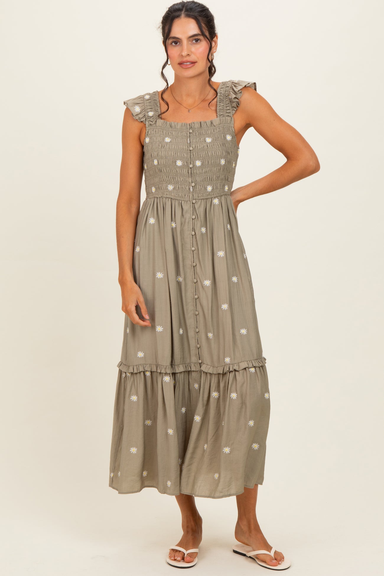 Olive Embroidered Ruffle Strap Smocked Maternity Maxi Dress