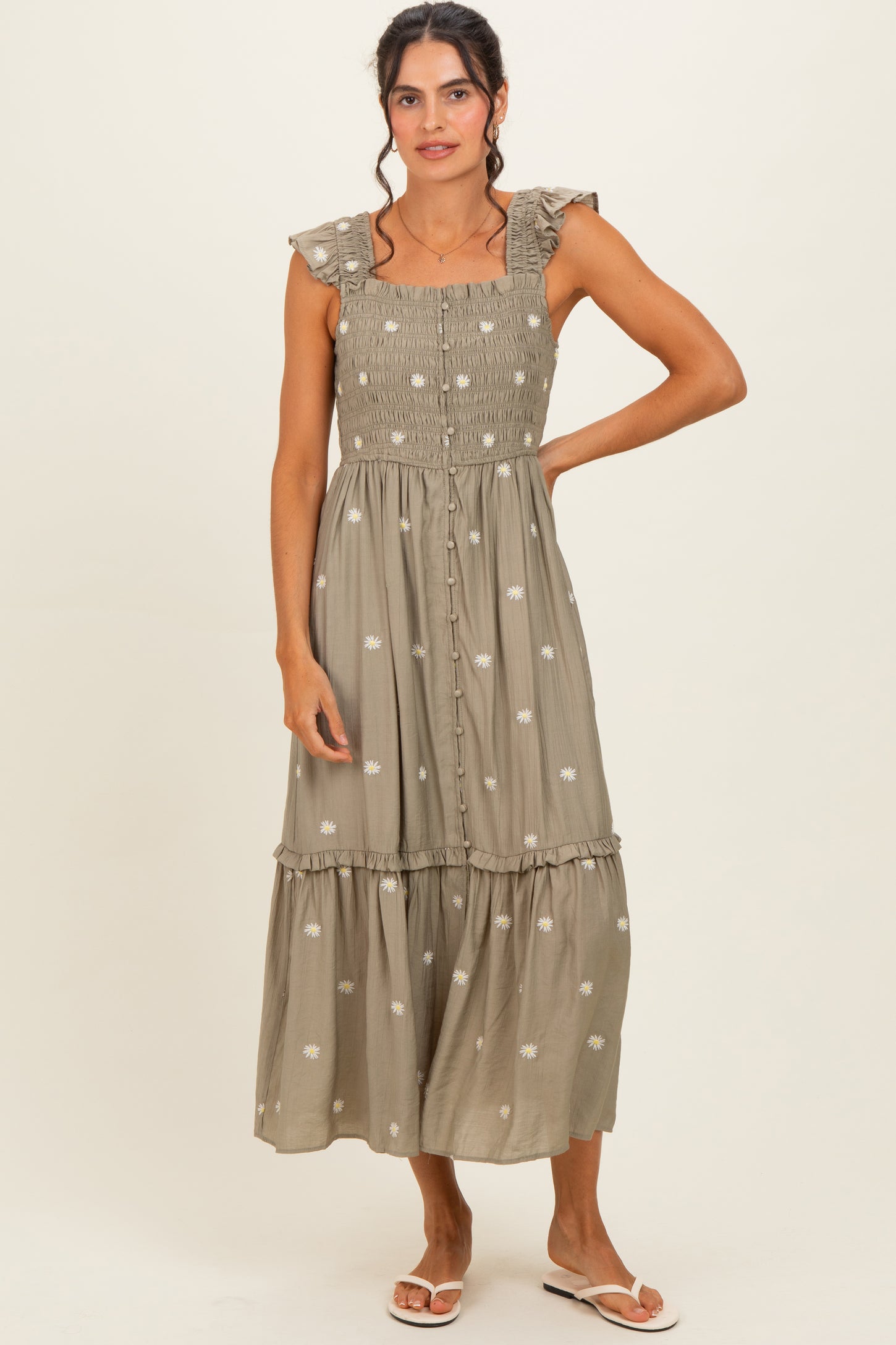 Olive Embroidered Ruffle Strap Smocked Maternity Maxi Dress