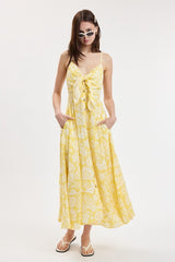 Yellow Floral Front Tie Racerback Maternity Midi Dress