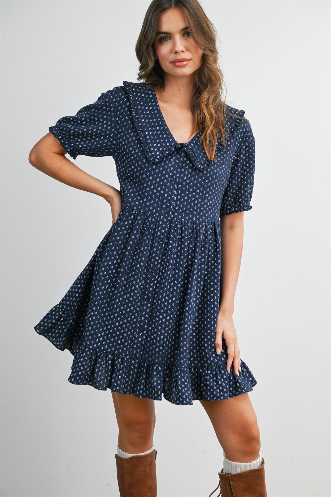 Navy Printed Ruffle Accent Shirt Dress