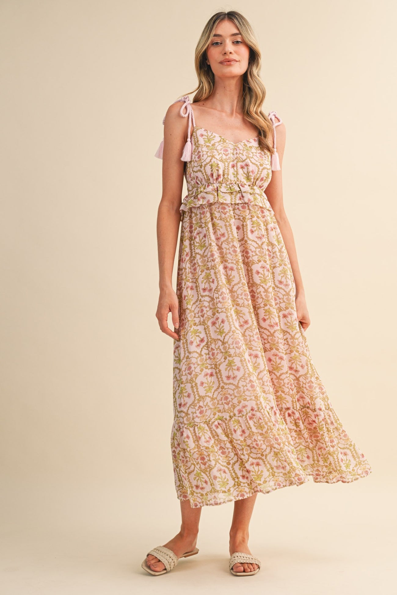 Light Pink Floral Tassel Strap Maternity Midi Dress