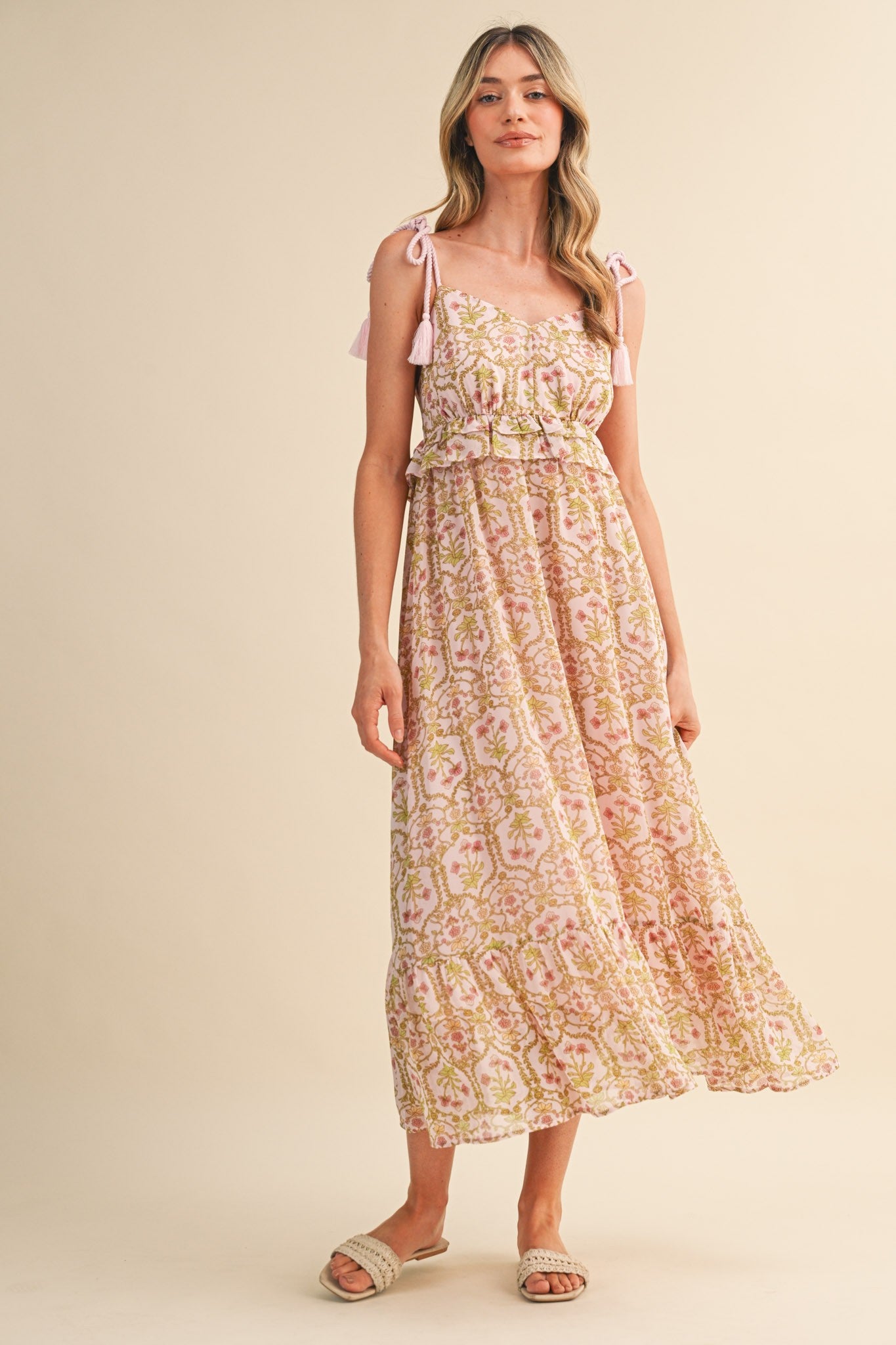Light Pink Floral Tassel Strap Maternity Midi Dress