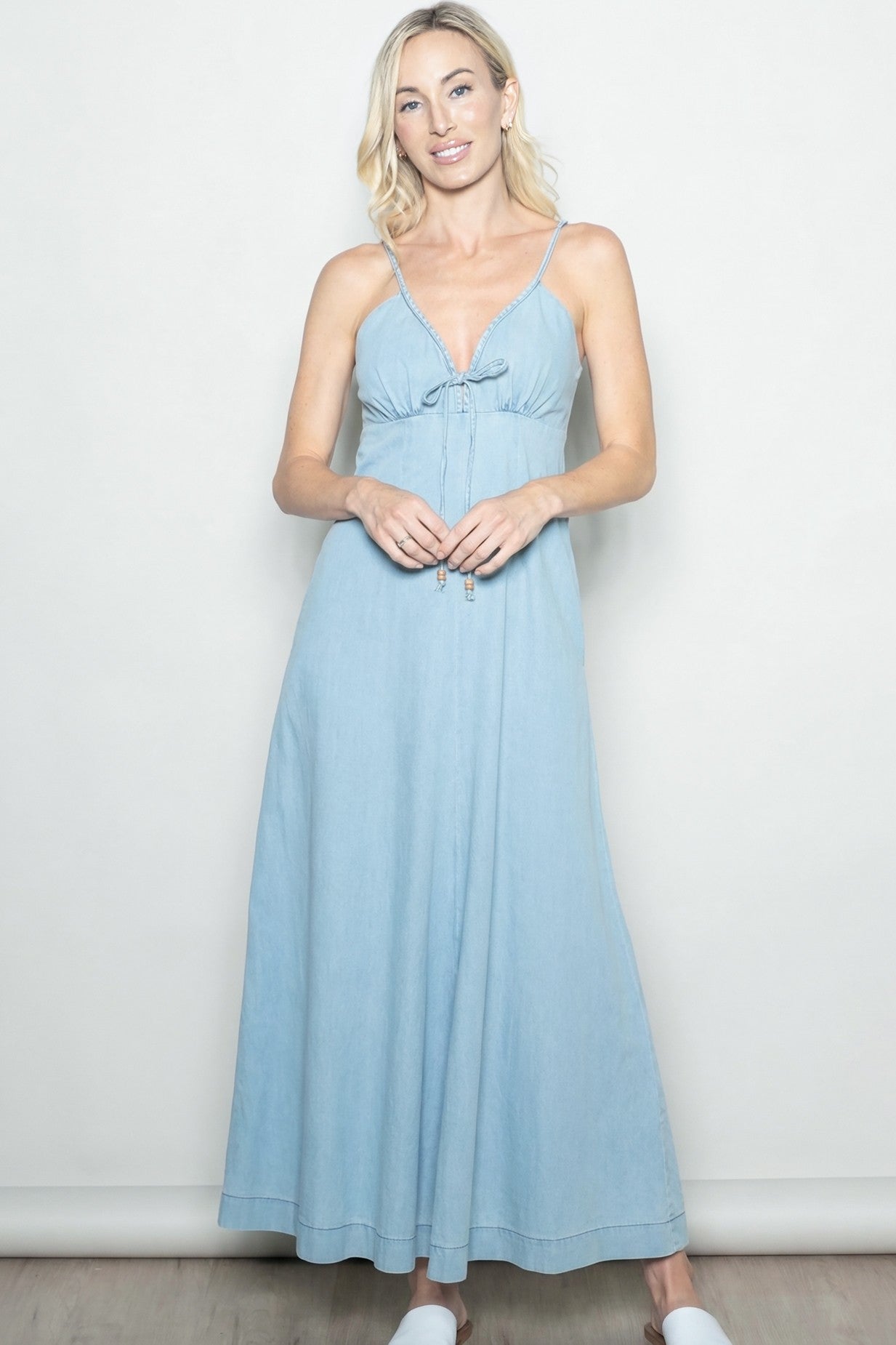 Light Blue Chambray Beaded Front Tie Maternity Maxi Dress