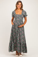 Olive Vintage Floral Smocked Puff Sleeve Maternity Maxi Dress