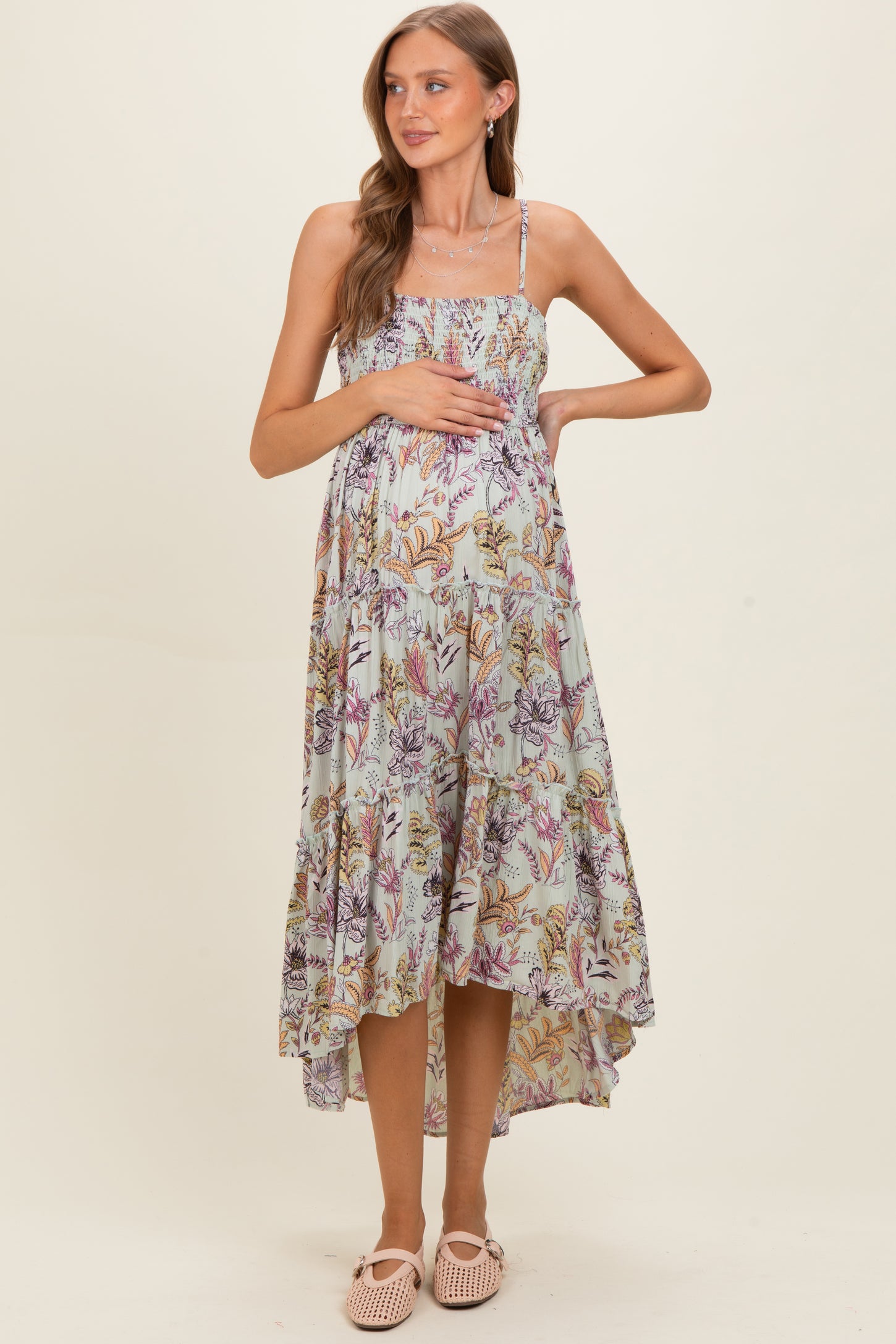 Celedon Smocked Bust Tiered Slight Hi Lo Hem Maternity Maxi Dress