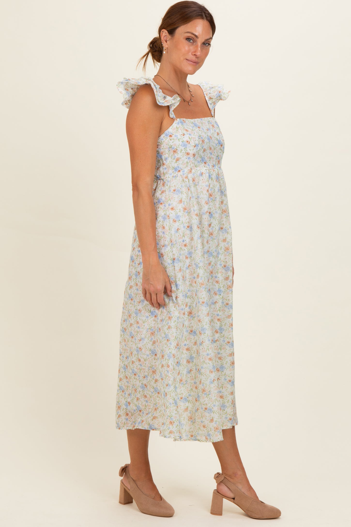 Ivory Floral Ruffle Strap Midi Dress