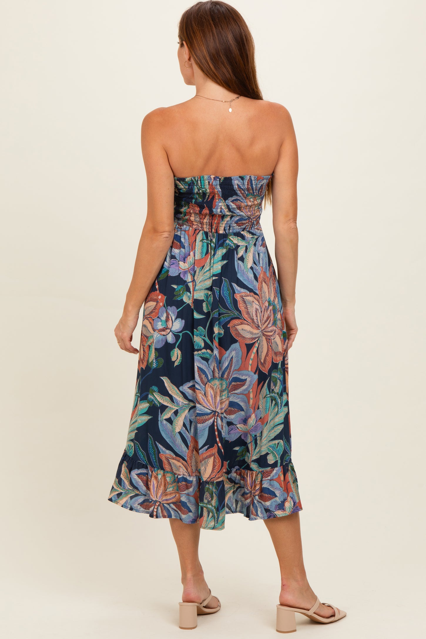 Navy Smocked Bodice Strapless Printed Midi Dress