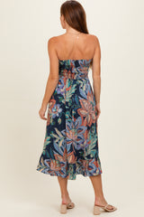 Navy Smocked Bodice Strapless Printed Midi Dress