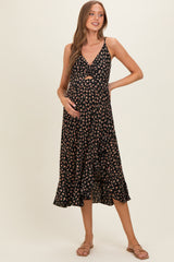 Black V Neck Twist Front Cut Out Side Ruffle Slit Maternity Midi Dress