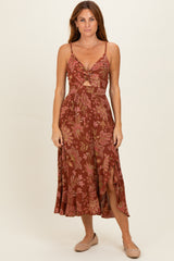 Brown V Neck Twist Front Cut Out Side Ruffle Slit Midi Dress