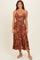 Brown V Neck Twist Front Cut Out Side Ruffle Slit Midi Dress