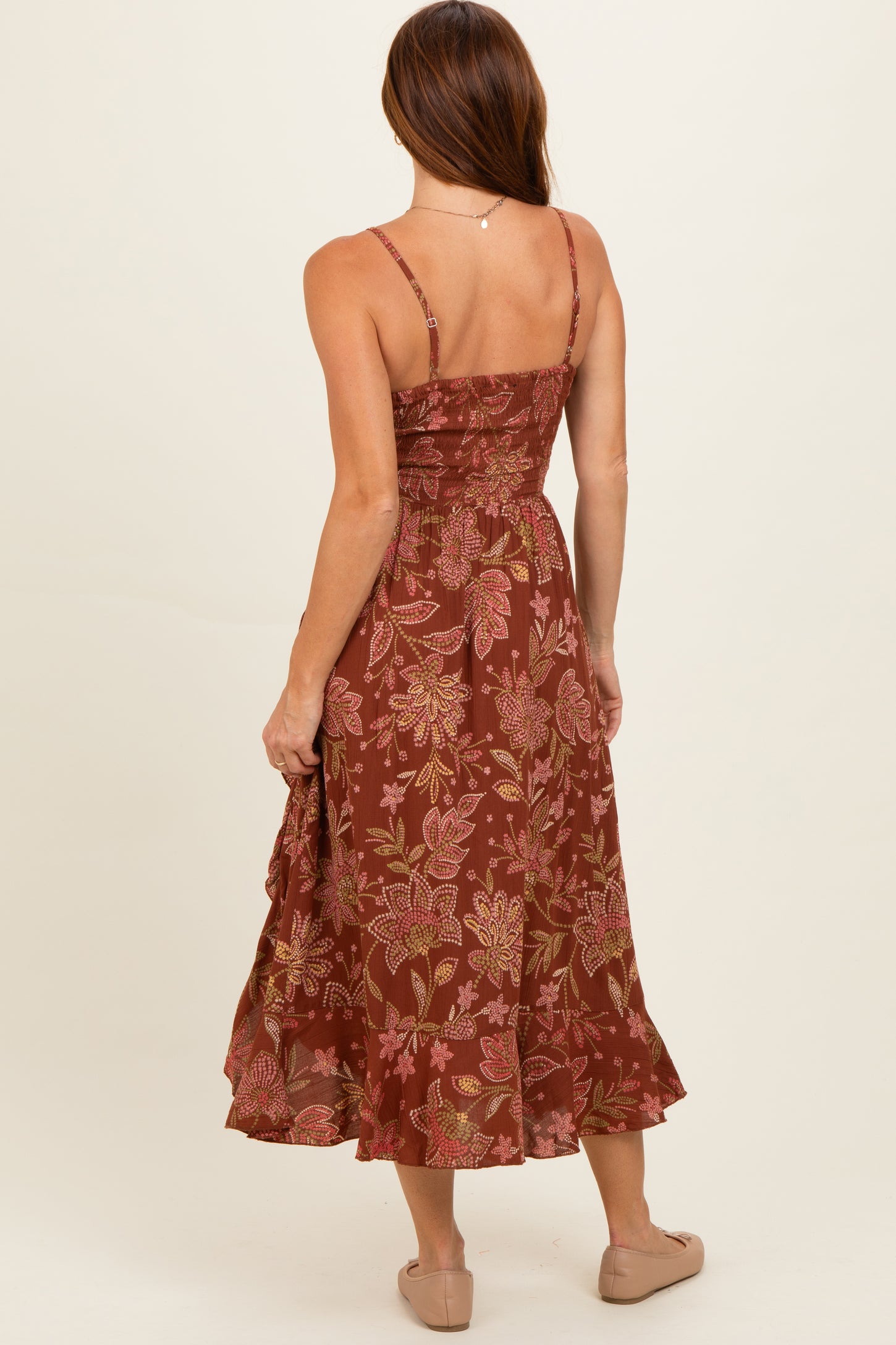 Brown V Neck Twist Front Cut Out Side Ruffle Slit Midi Dress