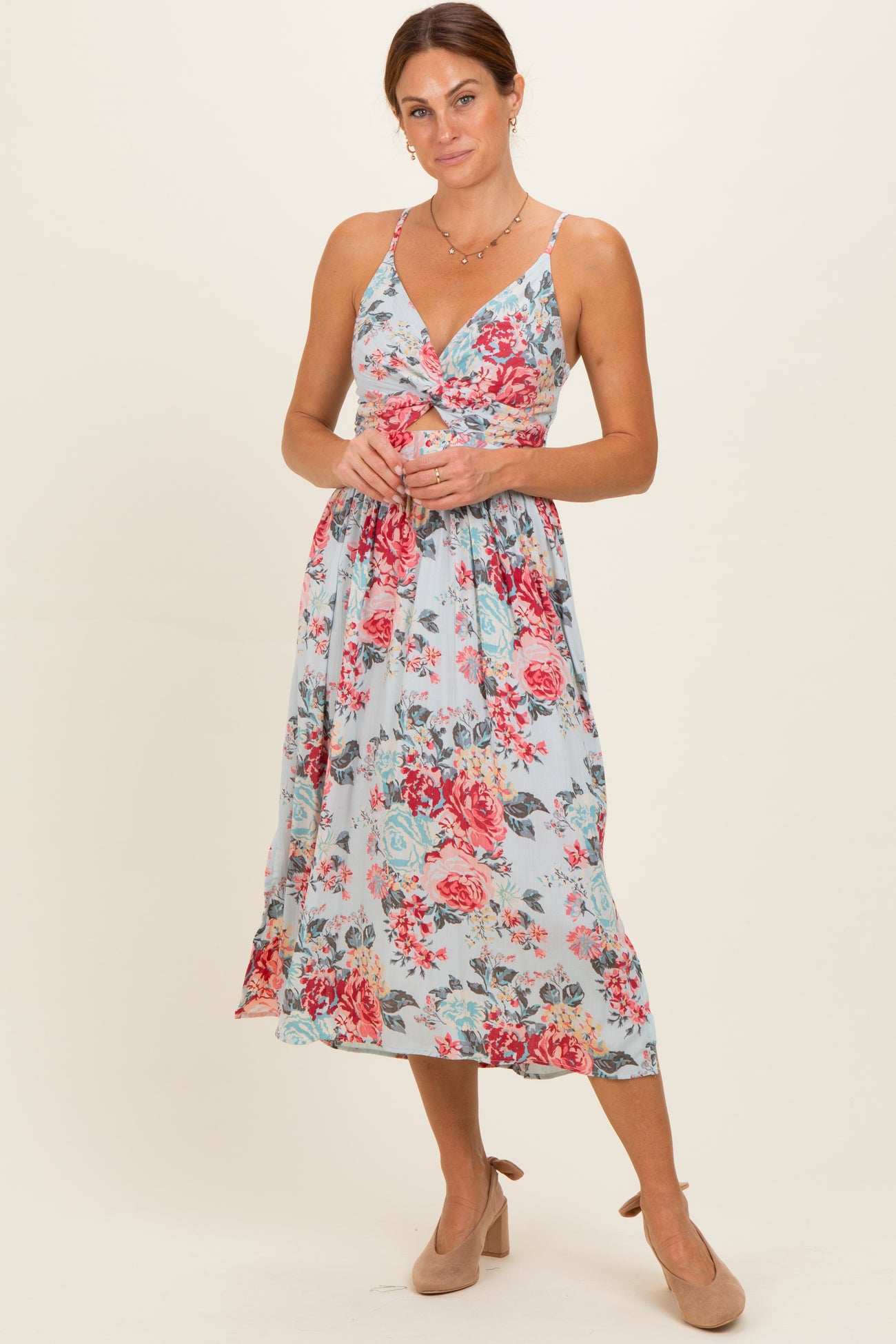 Blue Floral Twisted Front Cutout Maternity Midi Dress