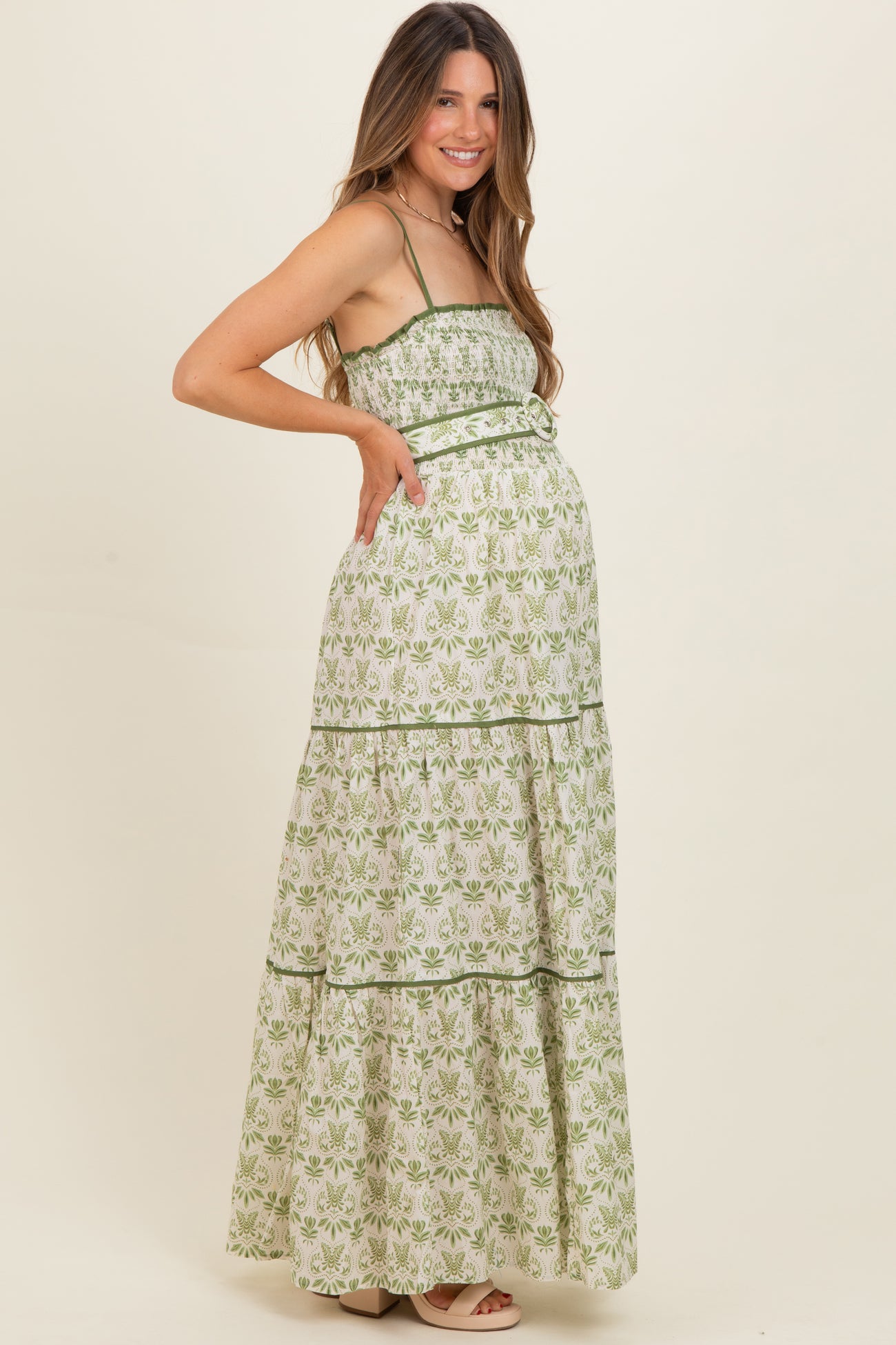 Green Printed Smocked Maternity Maxi Dress