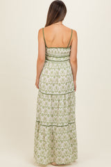 Green Printed Smocked Maternity Maxi Dress
