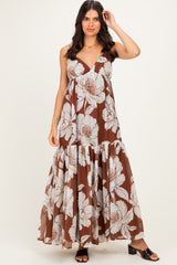 Brown Tropical Floral Maternity Maxi Dress