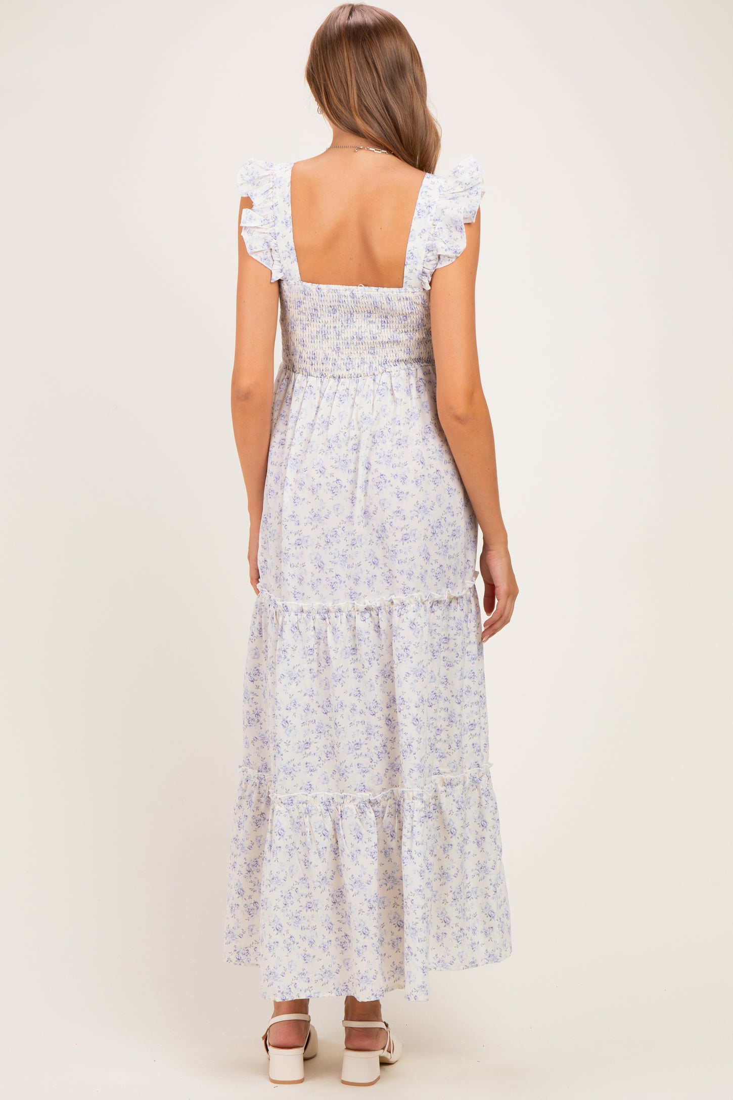 Cream Floral Ruffle Tier Button Detail Maternity Maxi Dress