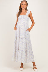 Cream Floral Ruffle Tier Button Detail Maternity Maxi Dress