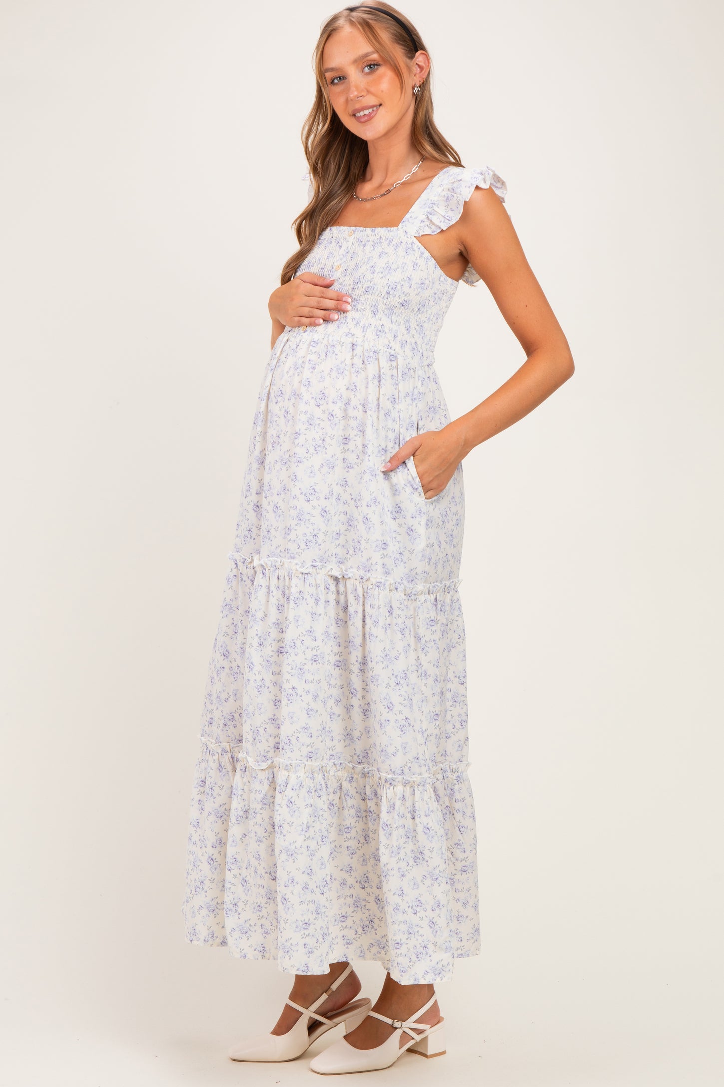 Cream Floral Ruffle Tier Button Detail Maternity Maxi Dress