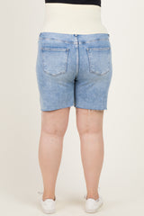 woman wearing maternity plus light blue denim shorts with a supportive waistband, viewed from the back