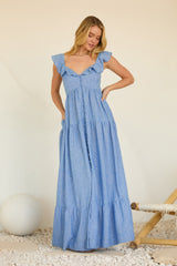 Blue Striped Flounce Neckline Button Down Maternity Maxi Dress