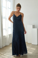 Navy Polka Dot Pleated Cutout Maxi Dress
