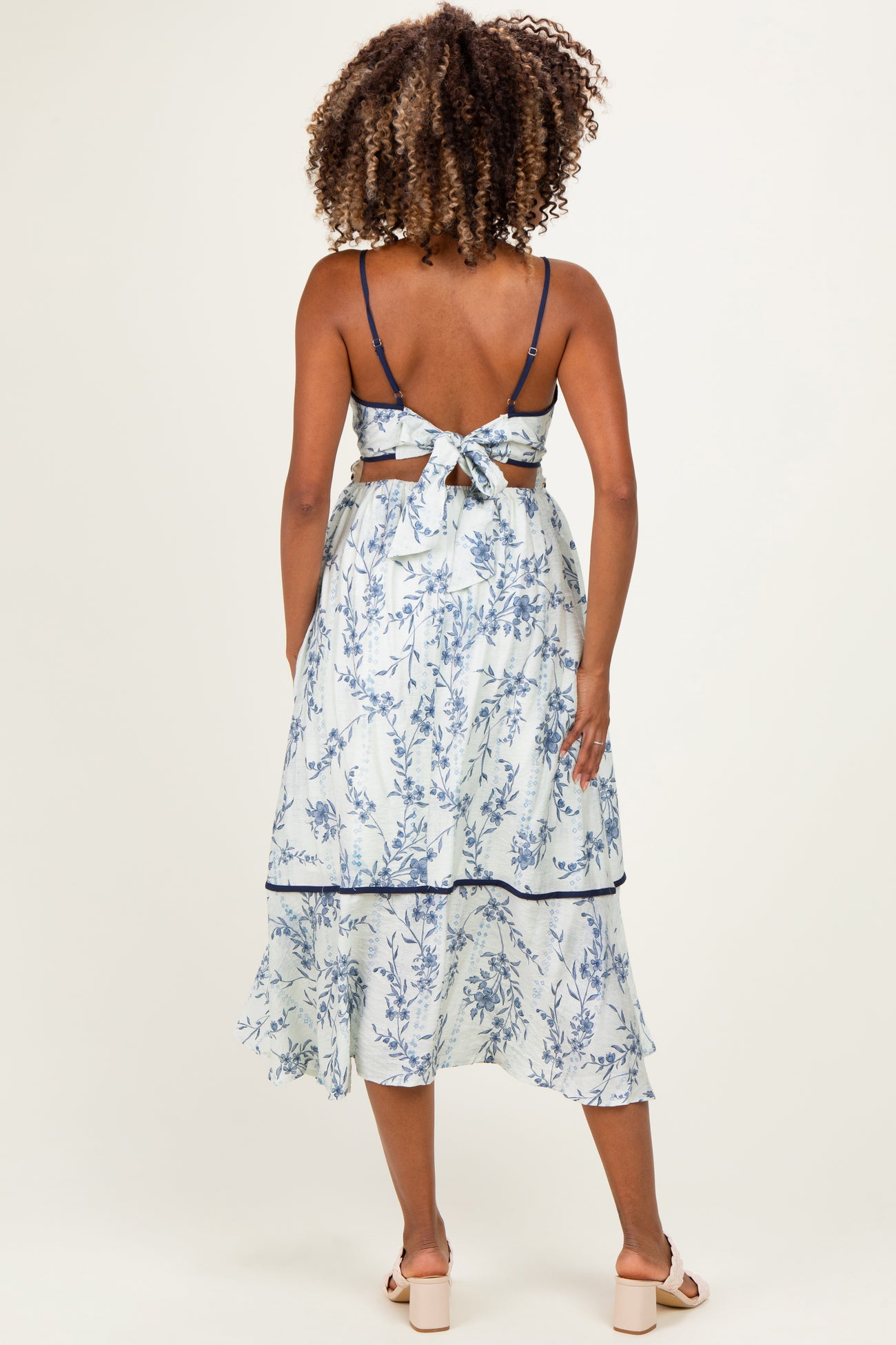 Blue Floral Cutout Tie Back Maternity Midi Dress