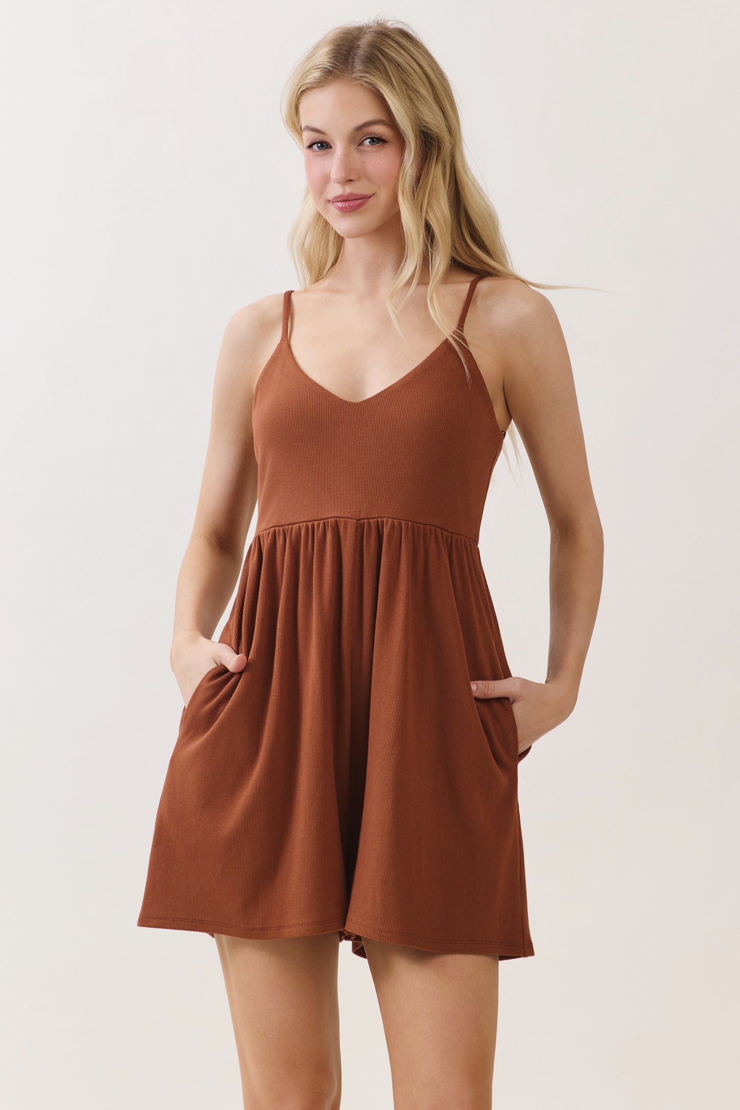 Brown Ribbed Knit Babydoll Maternity Romper