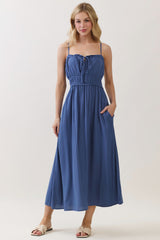 Denim Blue Solid Smocked Maternity Maxi Dress