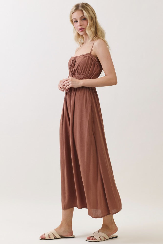 Brown Solid Smocked Maxi Dress