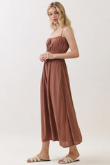 Brown Solid Smocked Maxi Dress