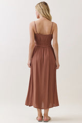 Brown Solid Smocked Maxi Dress