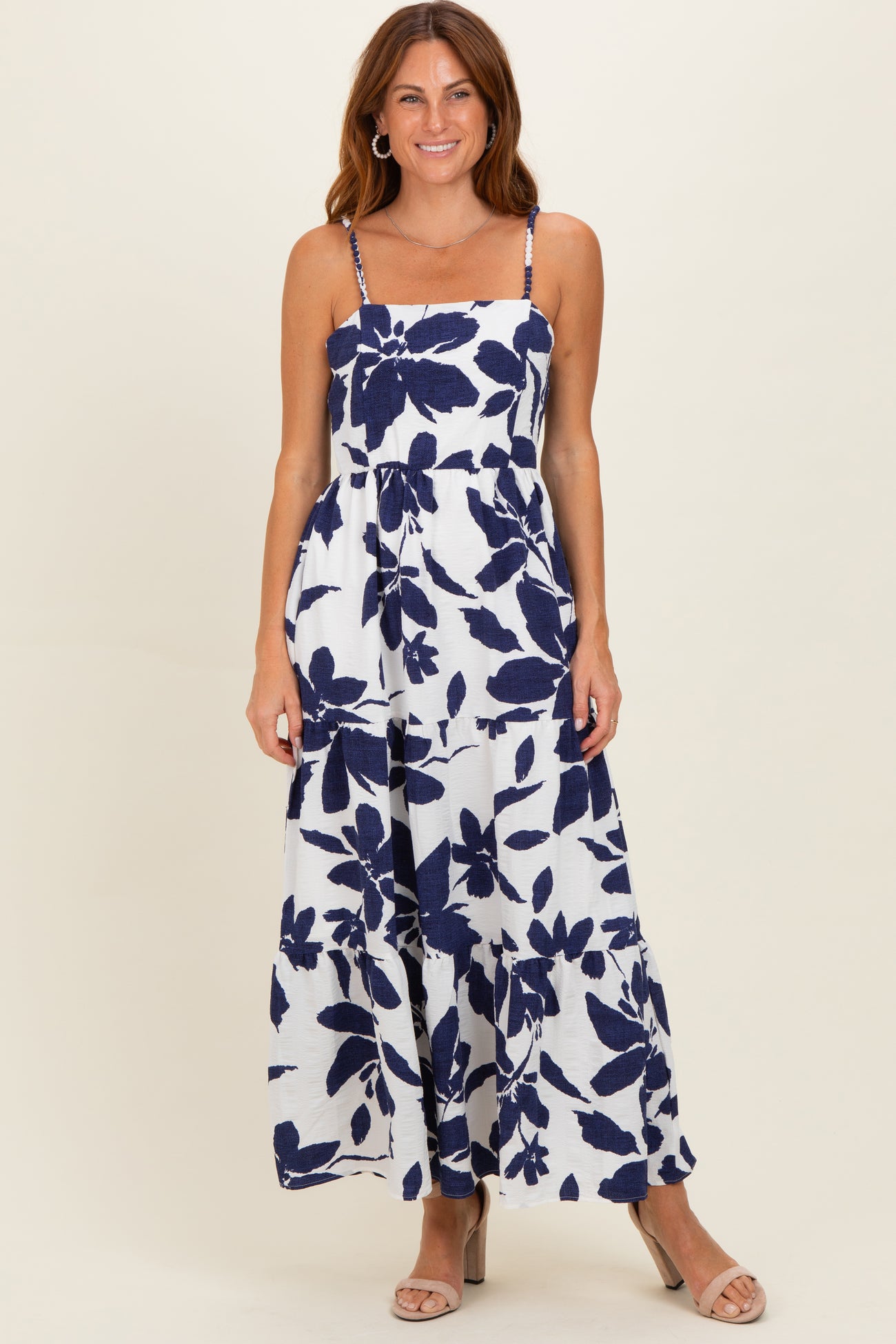 Navy Blue Floral Tiered Maternity Midi Dress