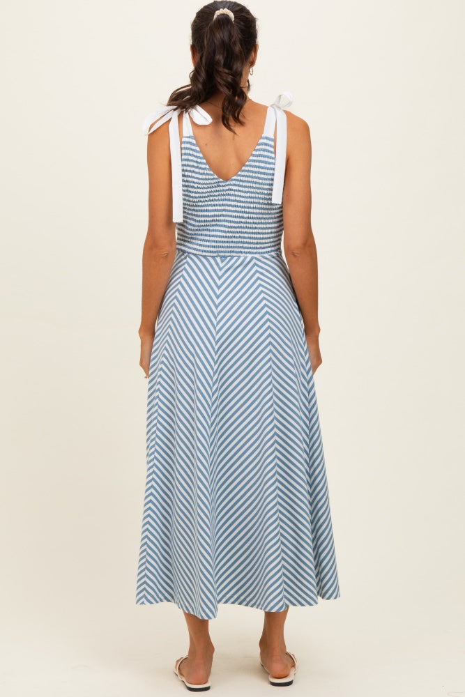Light Blue Striped Smocked Shoulder Tie Midi Dress