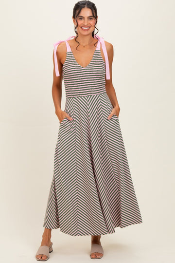 Olive Striped Smocked Shoulder Tie Midi Dress
