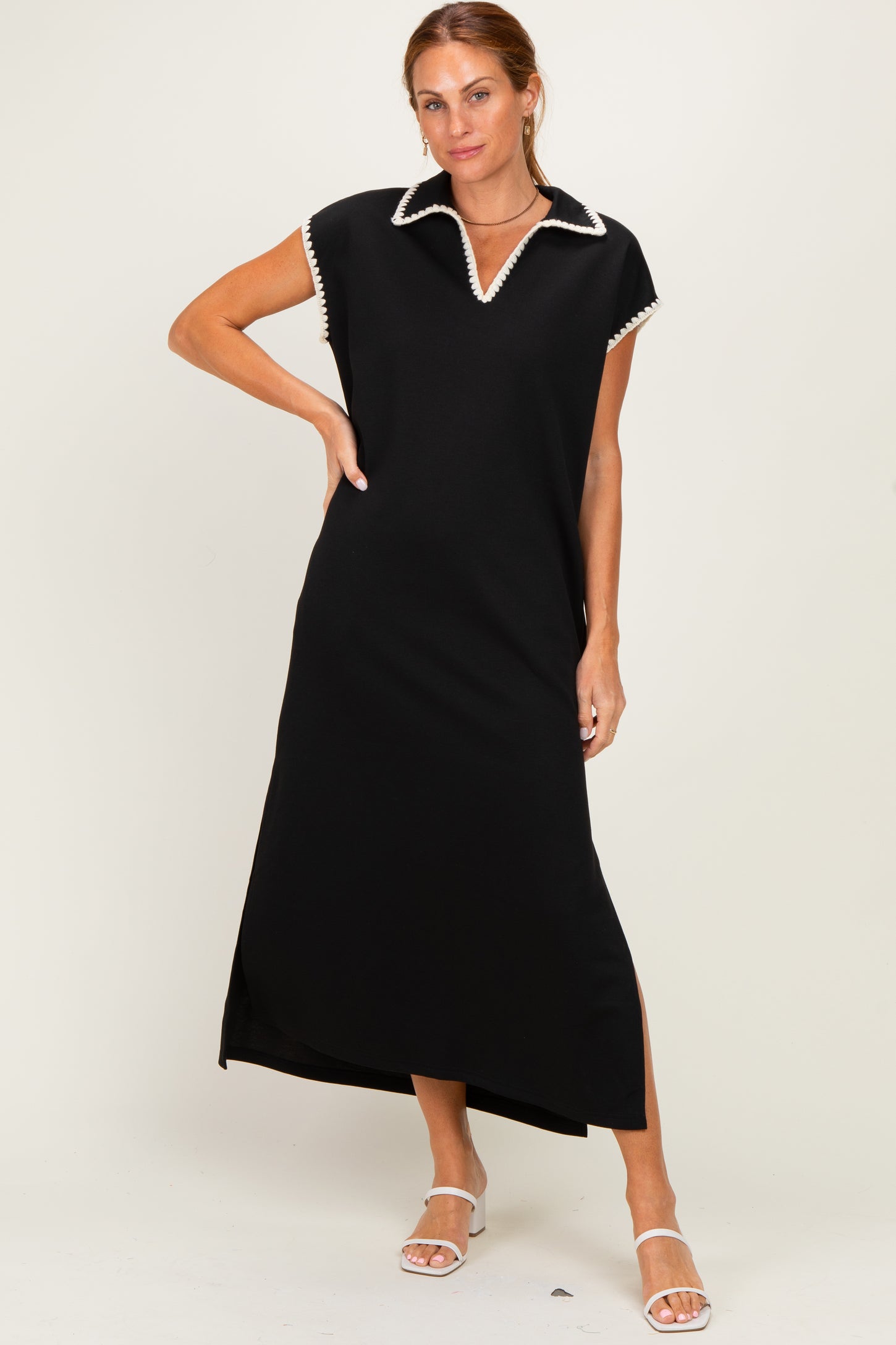 Black Stitch Detail Collared Midi Dress