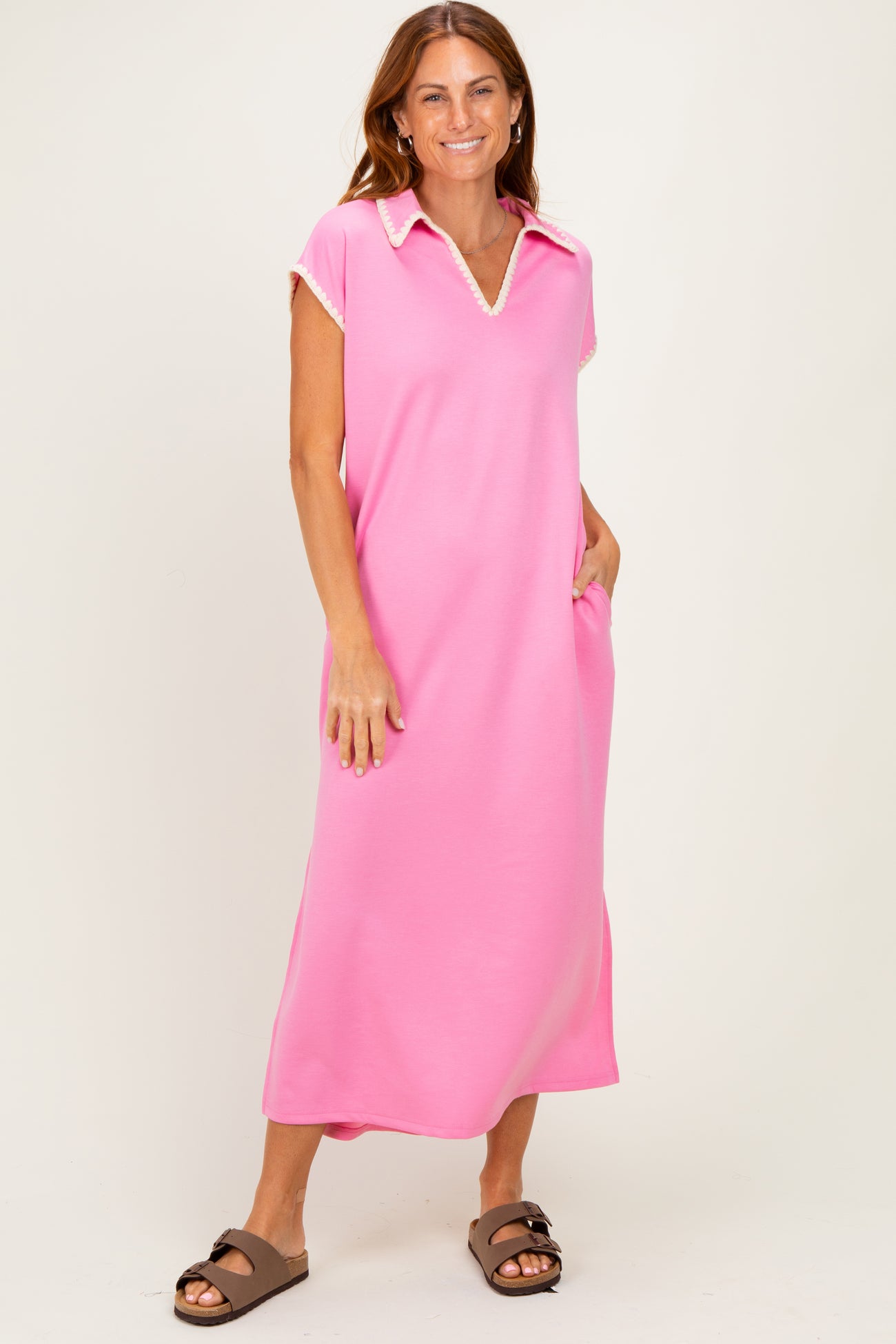 Pink Stitch Detail Collared Maternity Midi Dress