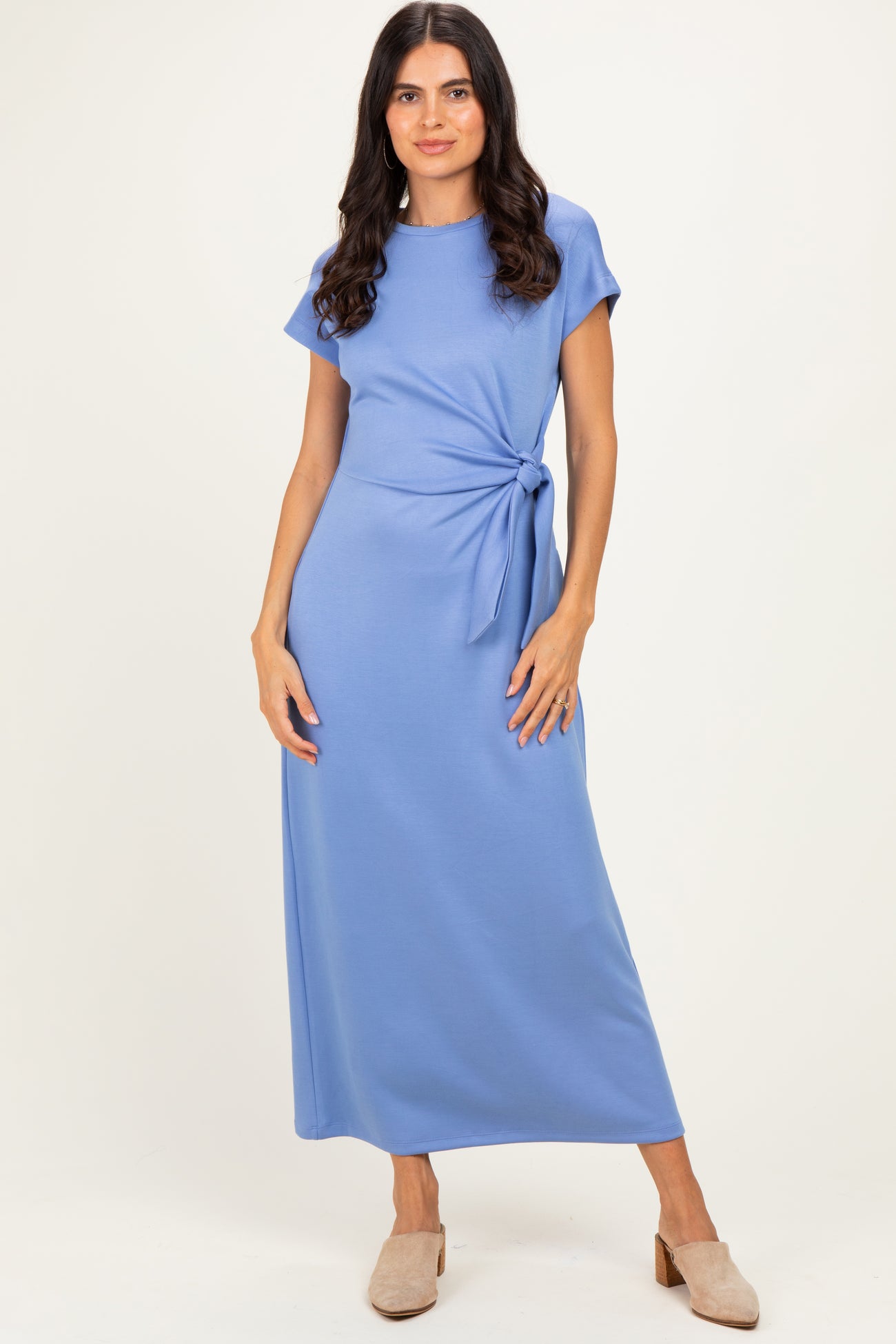 Blue Side Tie Short Sleeve Maternity Midi Dress