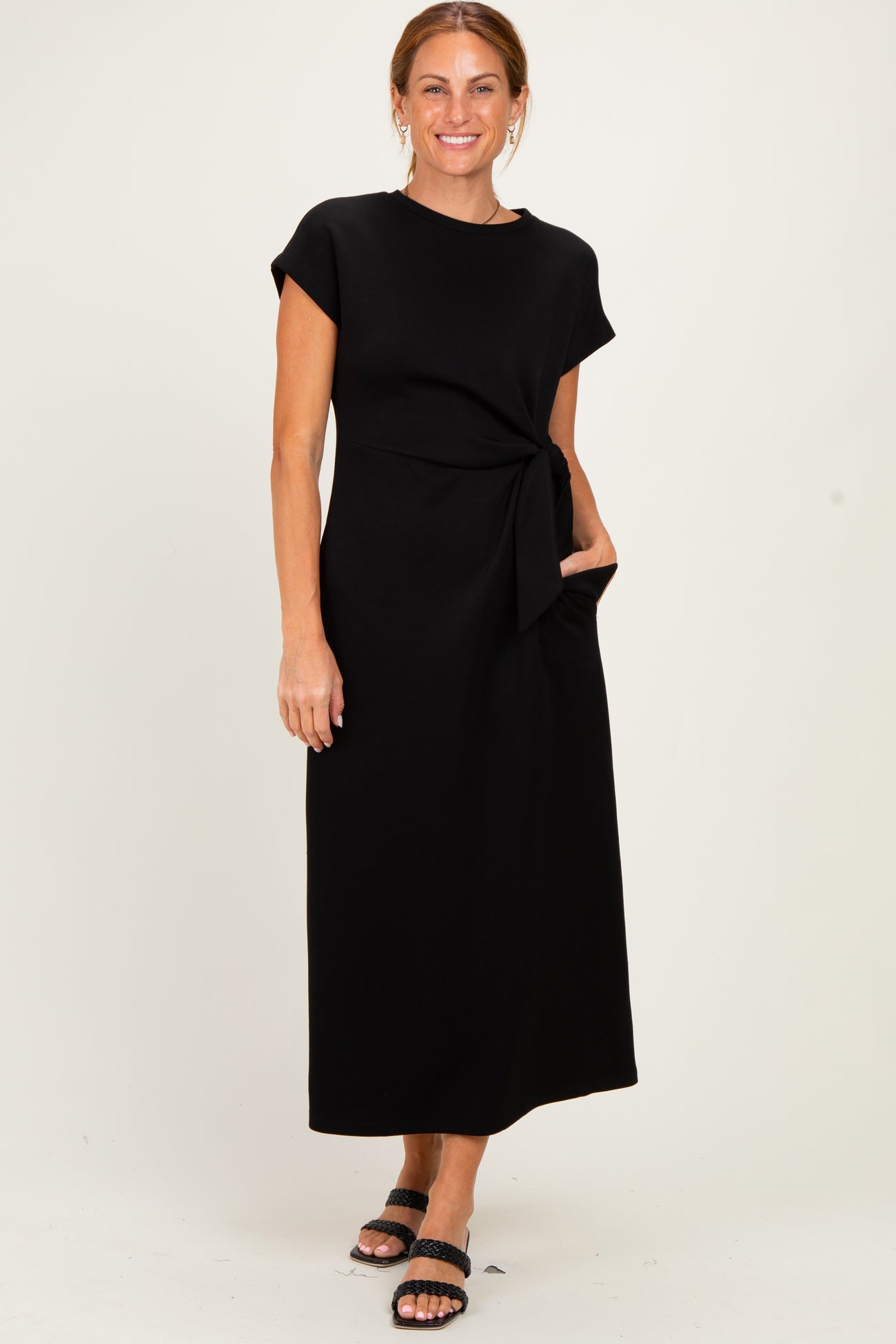 Black Side Tie Short Sleeve Maternity Midi Dress
