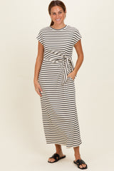 Cream Striped Side Tie Maternity Midi Dress