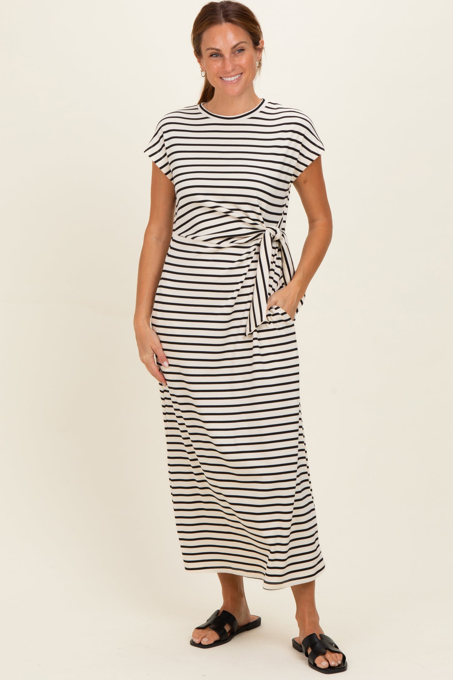 Cream Striped Side Tie Midi Dress